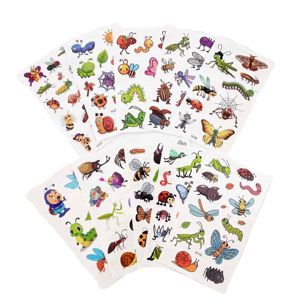 Cartoon Bugs Tattoos – 10 Sheets Non-Toxic Waterproof Stickers
