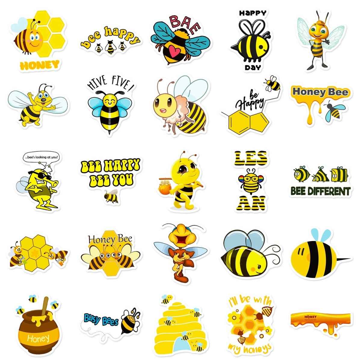 Honey Bee Vinyl Stickers – 50 Waterproof, Non-Duplicate Set