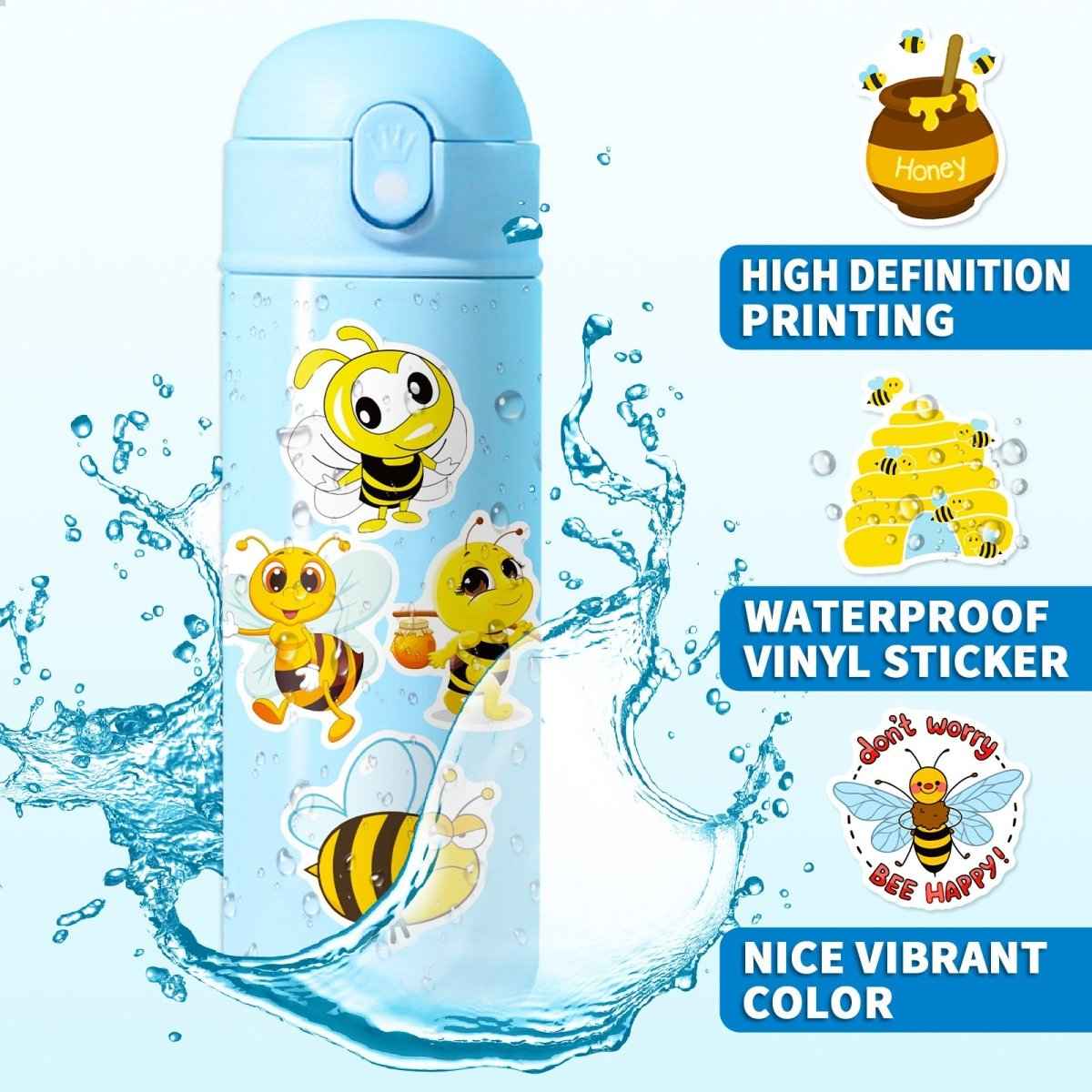 Honey Bee Vinyl Stickers – 50 Waterproof, Non-Duplicate Set